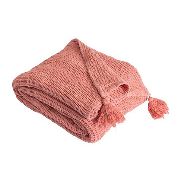 Couverture plaid 100% coton rose saumon avec pompons 130x170cm ARNISKA - SACASA