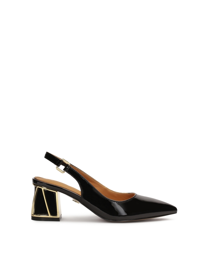 Patent leather pumps with open heel and embellished heel