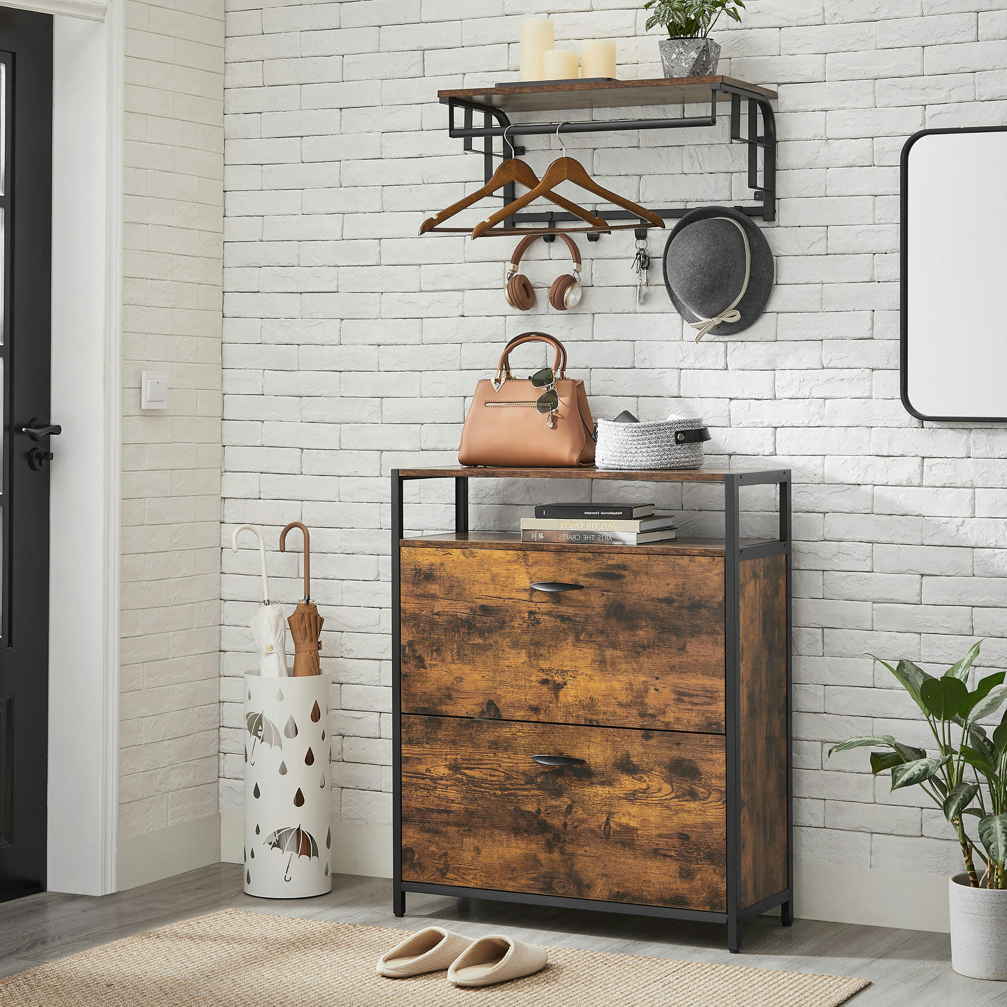 - Meuble à chaussures avec 2 abattants 10-16 paires marron rustique