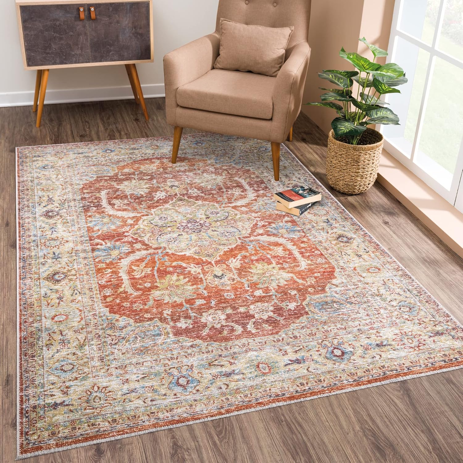 Bloom Rugs Caria Washable Non-Slip 9x12 Rug - Orange/Olive Beige Traditional Area Rug for Living Room, Bedroom, Dining Room, and Kitchen - Exact Size: 9' x 12'