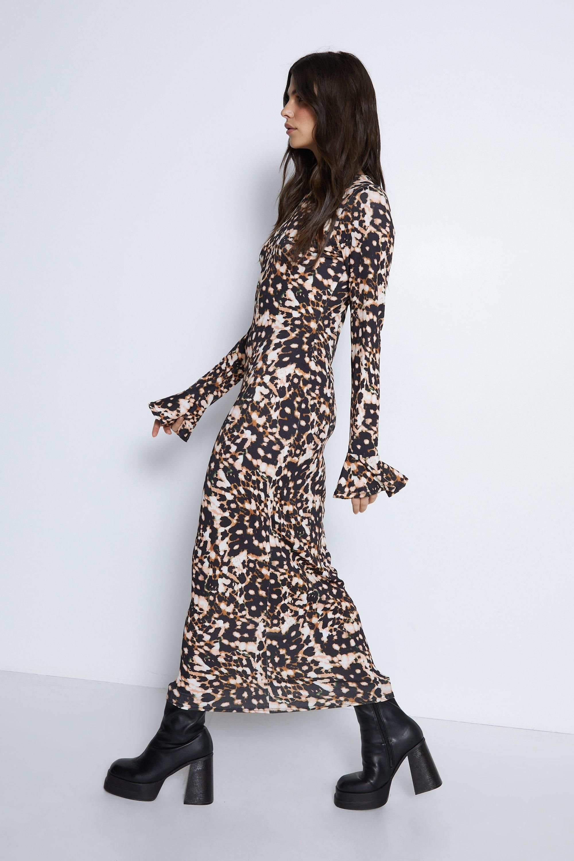 Warehouse Animal Print Flute Sleeve Midi Dress