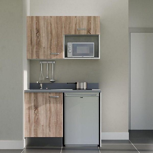 Kitchenette K07 - 120 cm - façades Bois - Plan monobloc en quartz coloris Cromo évier à gauche - Electroménager Inox
