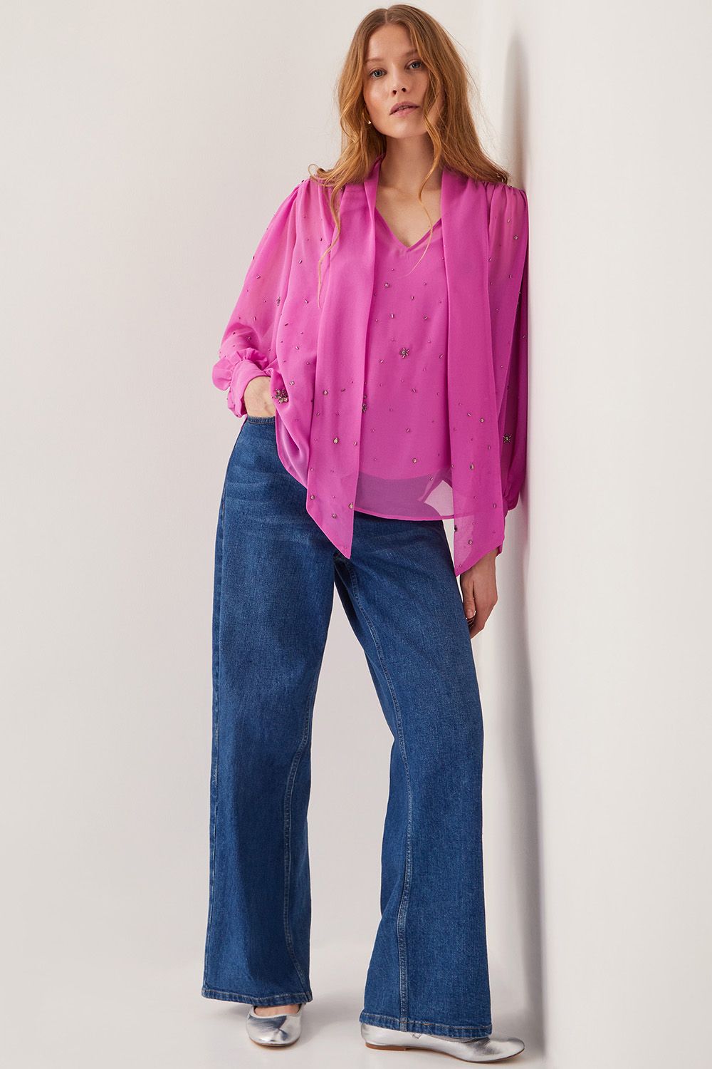 Monsoon Candice Embellished Pussybow Blouse Pink