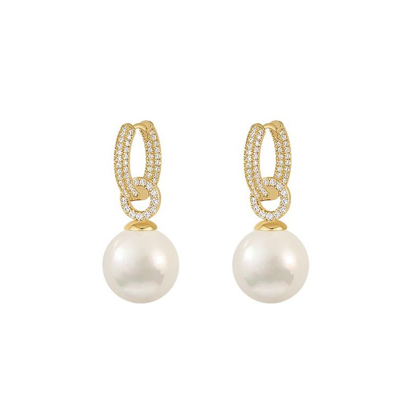 PEACH ACCESSORIES Gold Double Link Huggie Hoop Earrings with Faux Pearl
