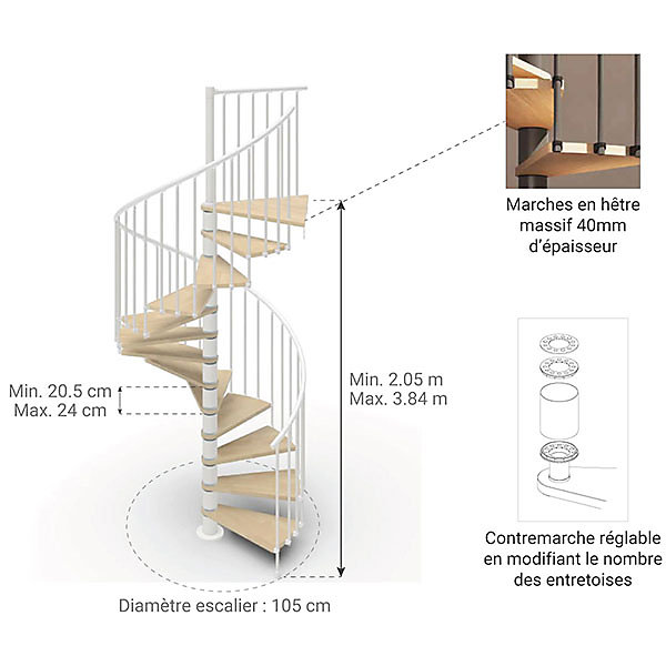 Escalier colimaçon 15 marches - Hauteur à franchir de 3.08m à 3.60m - Diamètre 1.05m - Structure blanche et marche naturel -