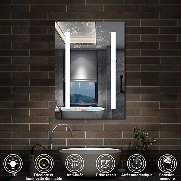 Armoire de toilette avec Miroir LED Anti-Buée, éclairage 3 Couleurs et Prise Rasoir, Blanc, 60x70 cm, AICA Sanitaire