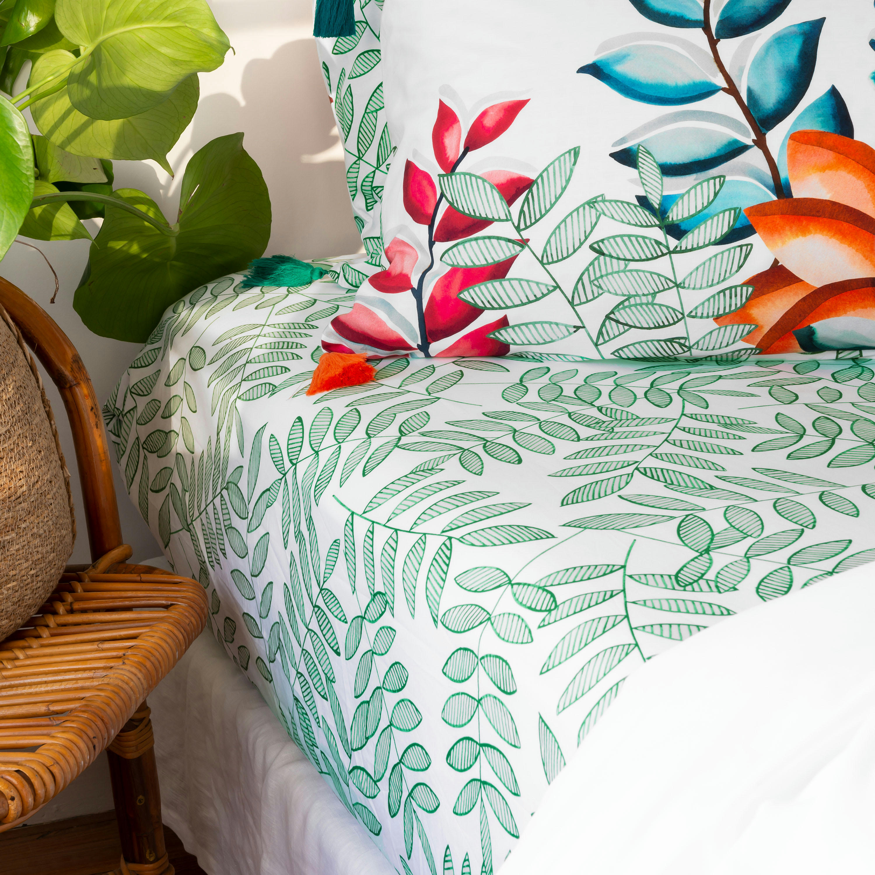 BALATA - Drap housse percale de coton imprimé vert 140 x 200 cm