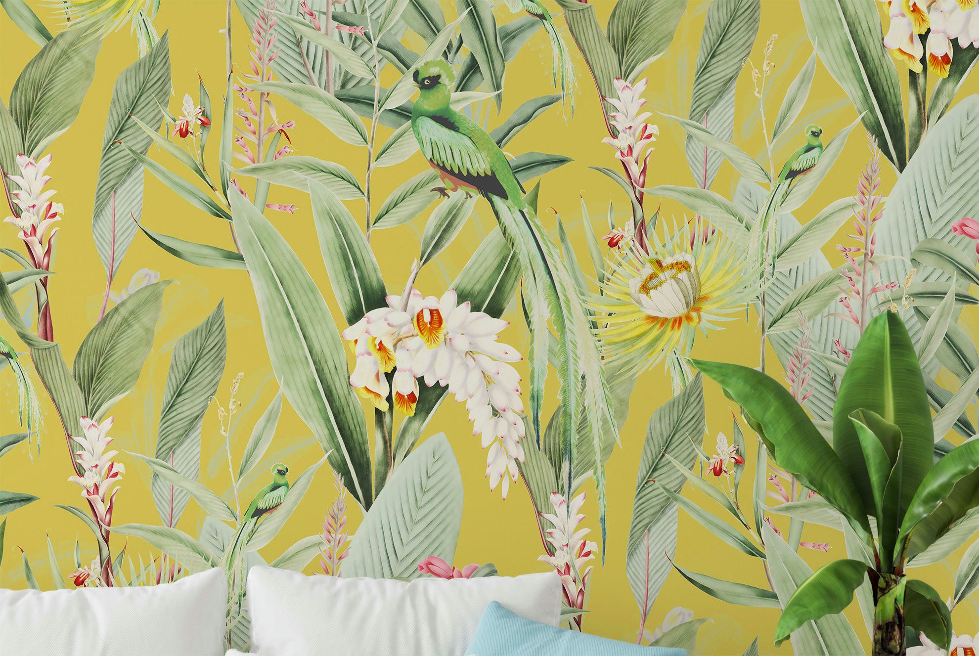 - Papier peint panoramique motifs fleur jardin tropical canari 255x260cm
