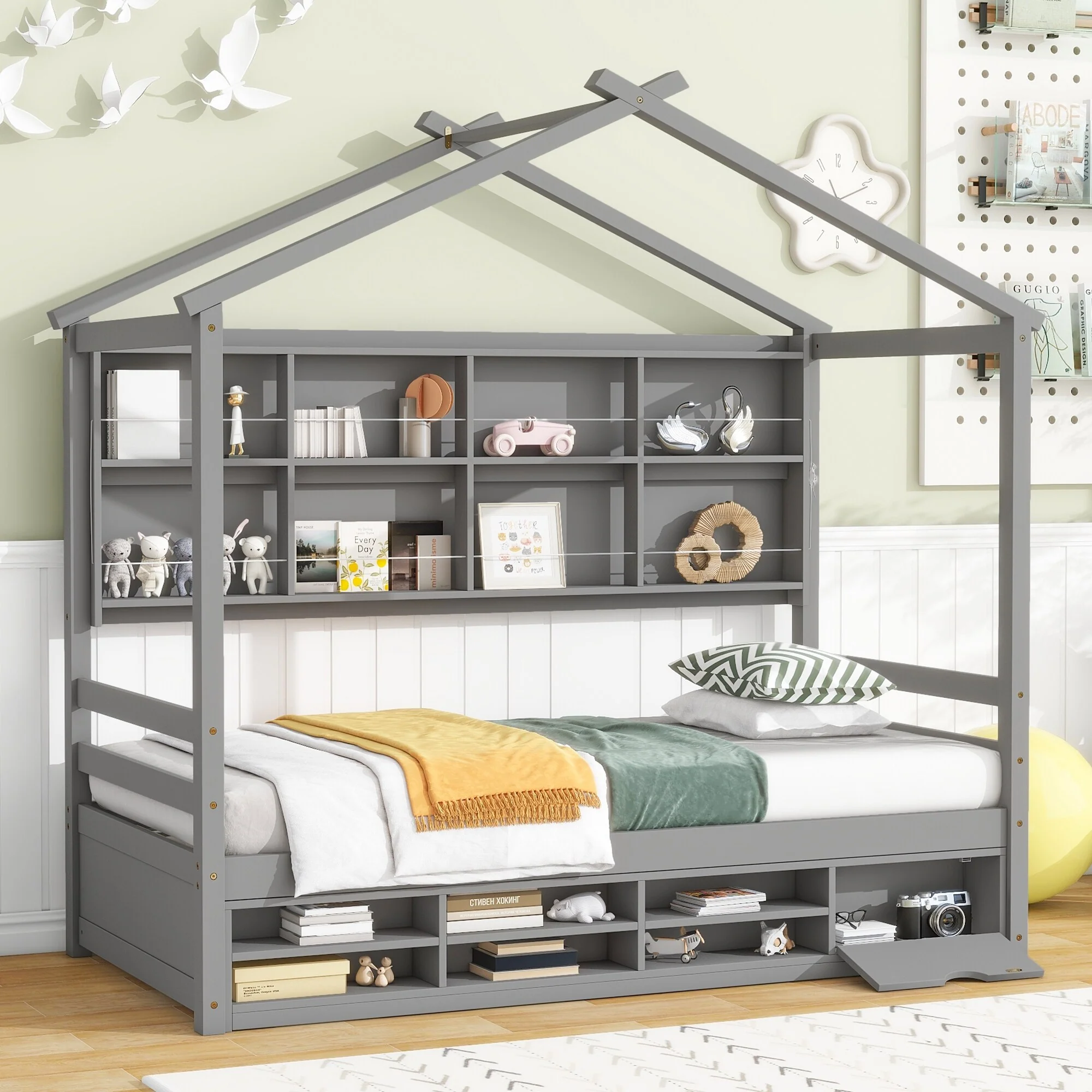 Twin Size House Bed with Roof, Shelves, & Under Bed Storage