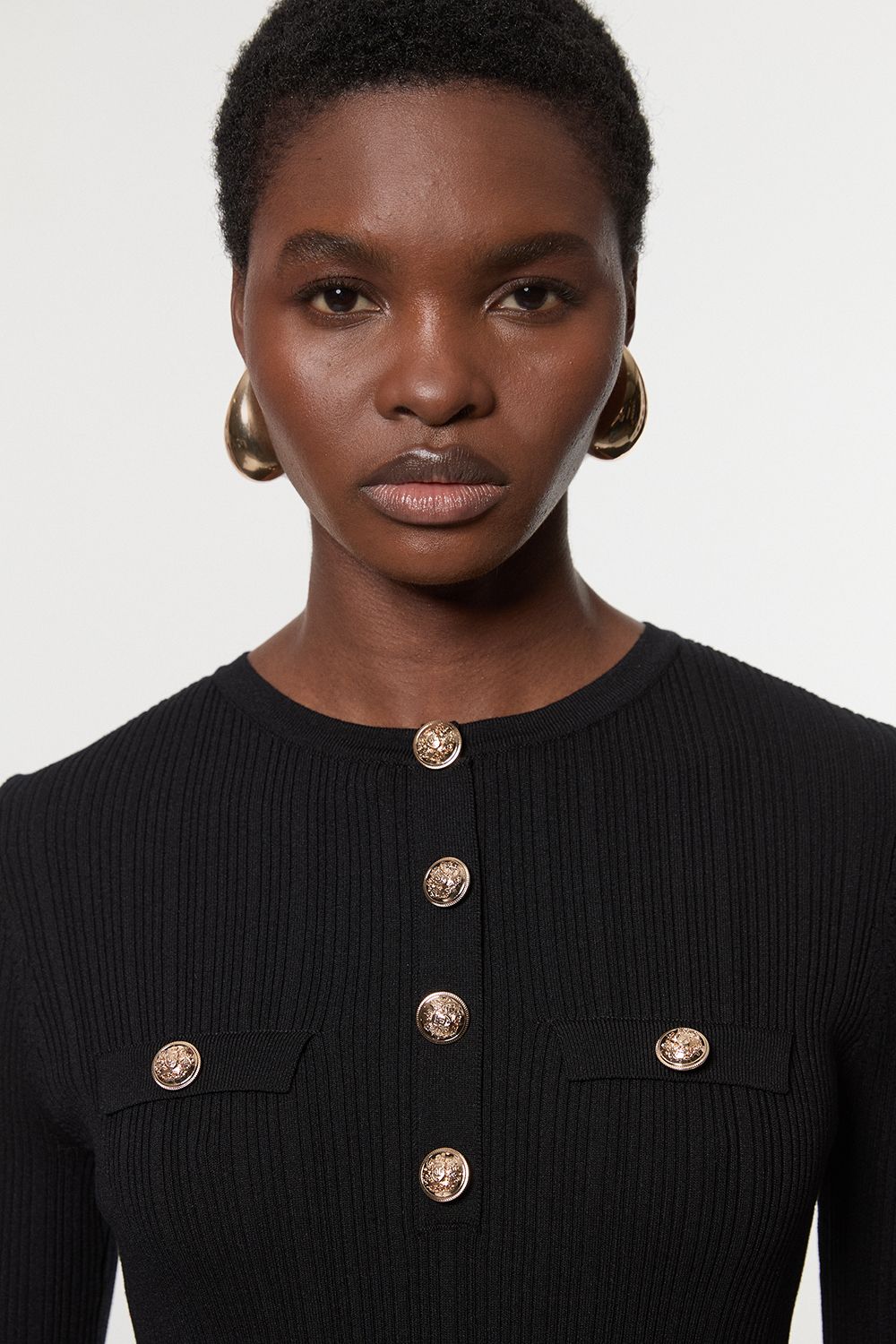 KarenMillen Forever Military Trim Rib Long Sleeve Knit Top