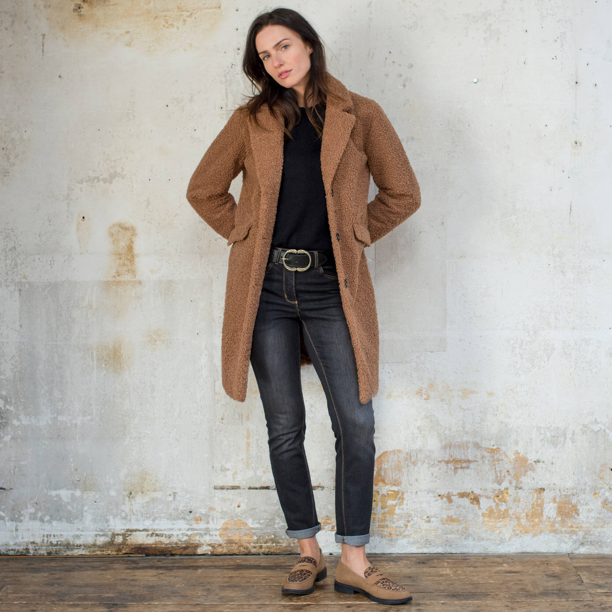 Manteau maille bouclette col tailleur