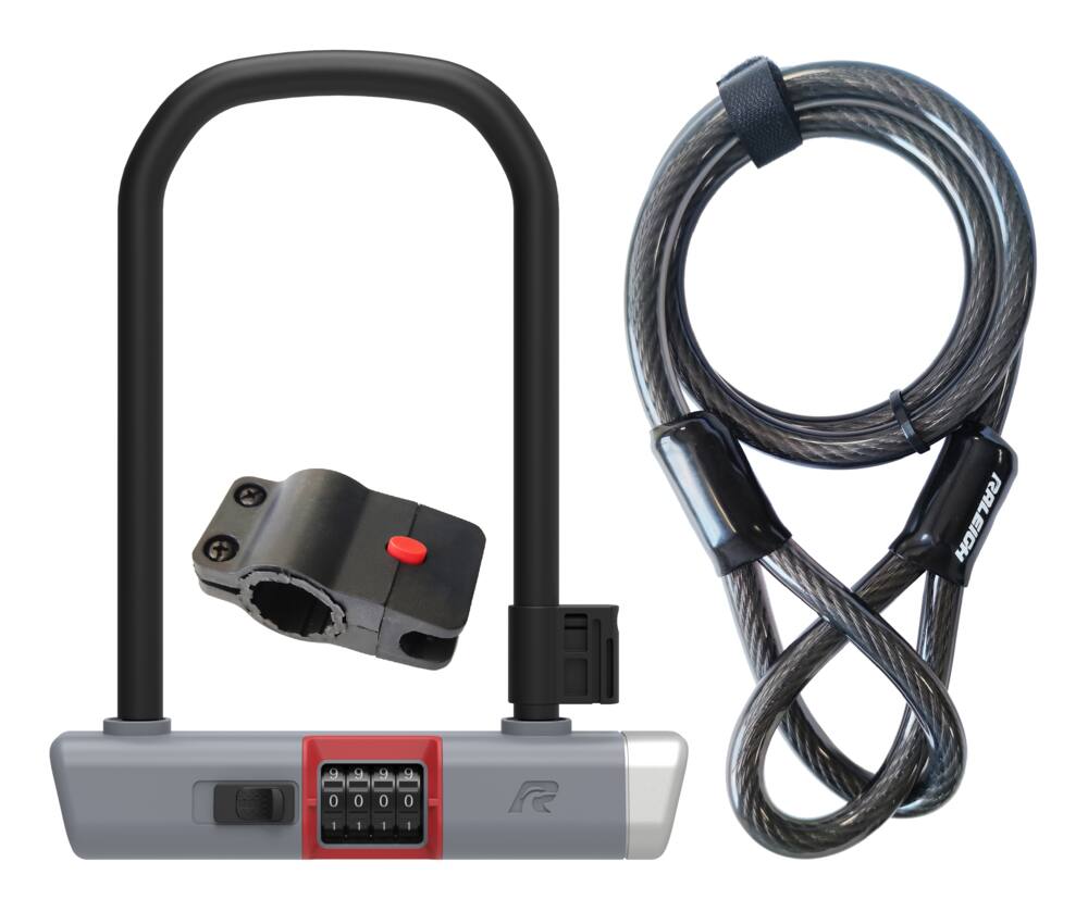 Raleigh Steel Bike U-Lock Cable Combo w/Mounting Bracket & Velcro, Anti-Theft, Grey, 9-in