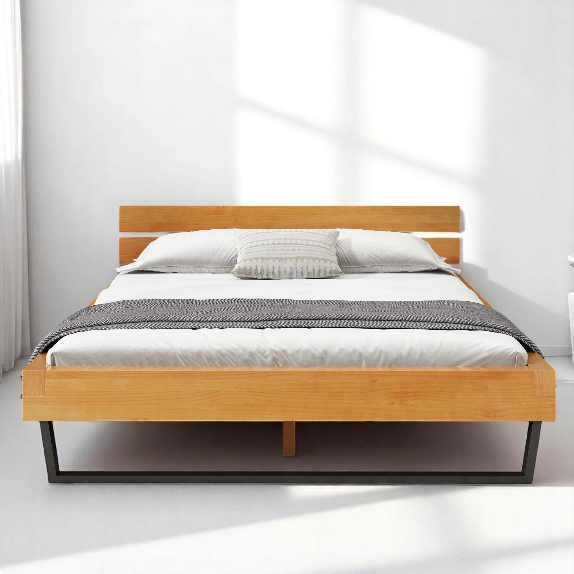 Queen/King Size Bed Frame with Headboard, Solid Pine Wood and Iron Platform Bed, Industrial Modern Design, No Box Spring Needed