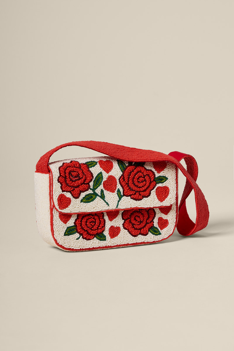Hearts and Roses Beaded Shoulder Bag