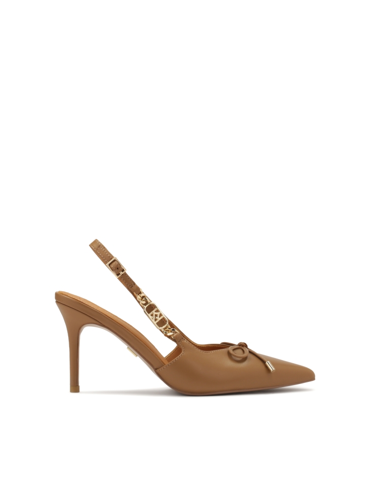Brown pumps with bow and metal embellishment