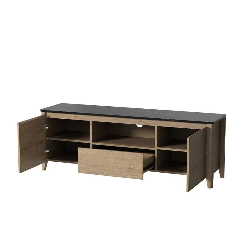 HomeRoots 58 Black Wood Enclosed and Open Storage TV Stand - 58 in. x 20.08 in. x 15.35 in.