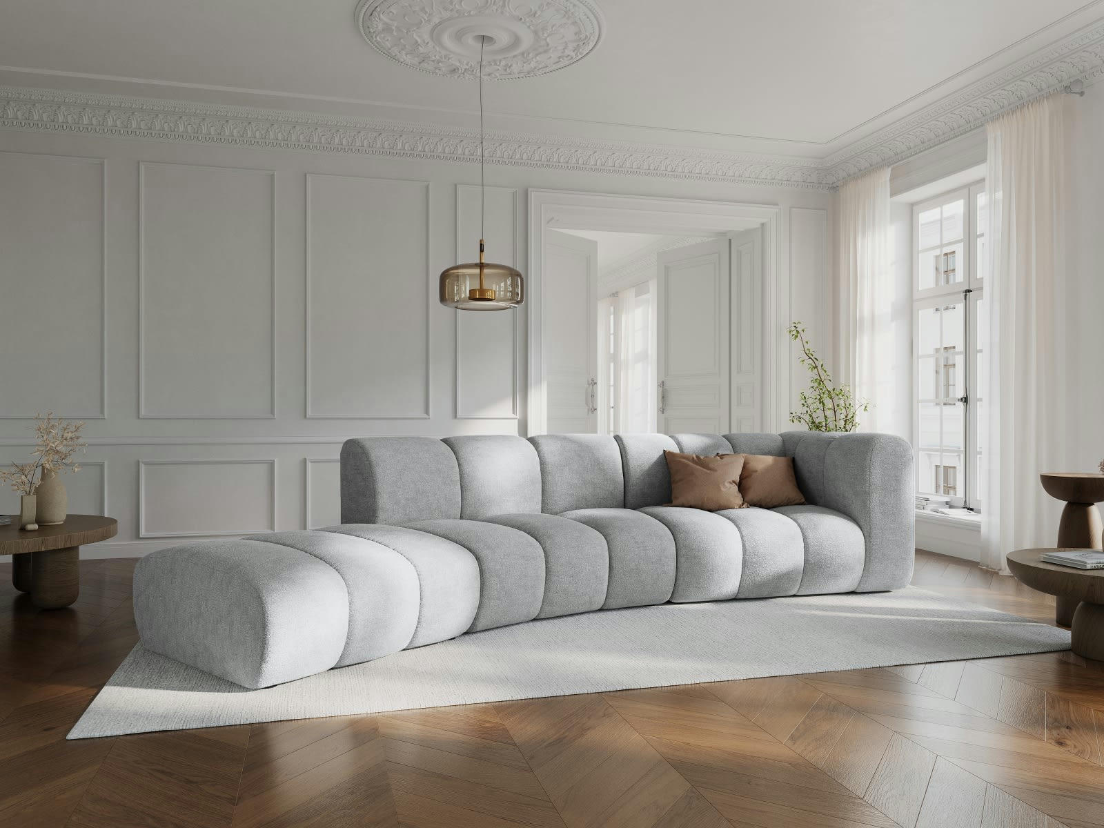 LUPINE - Canapé gauche 5 places en tissu chenille gris clair