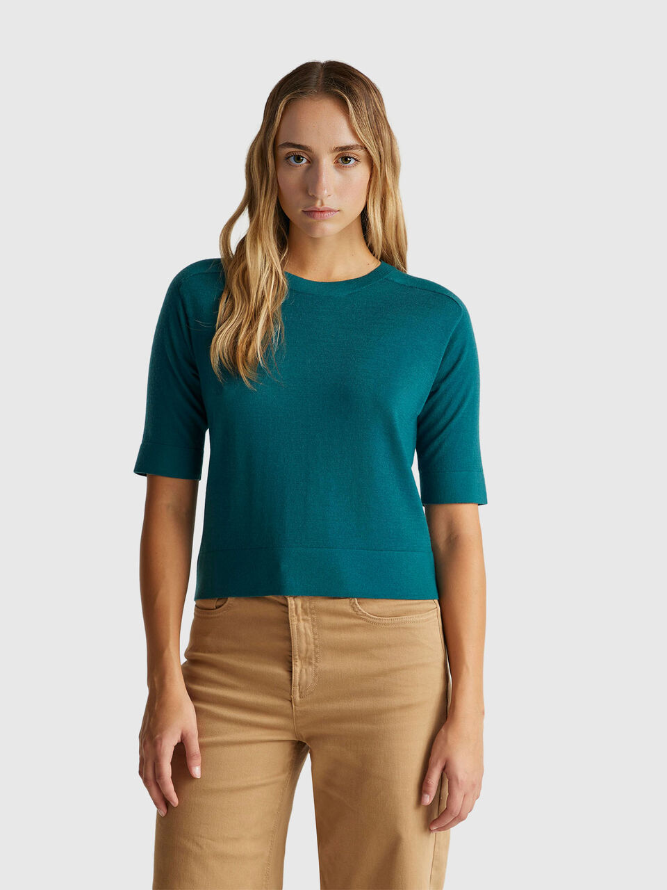 Short sleeve sweater in pure Merino wool