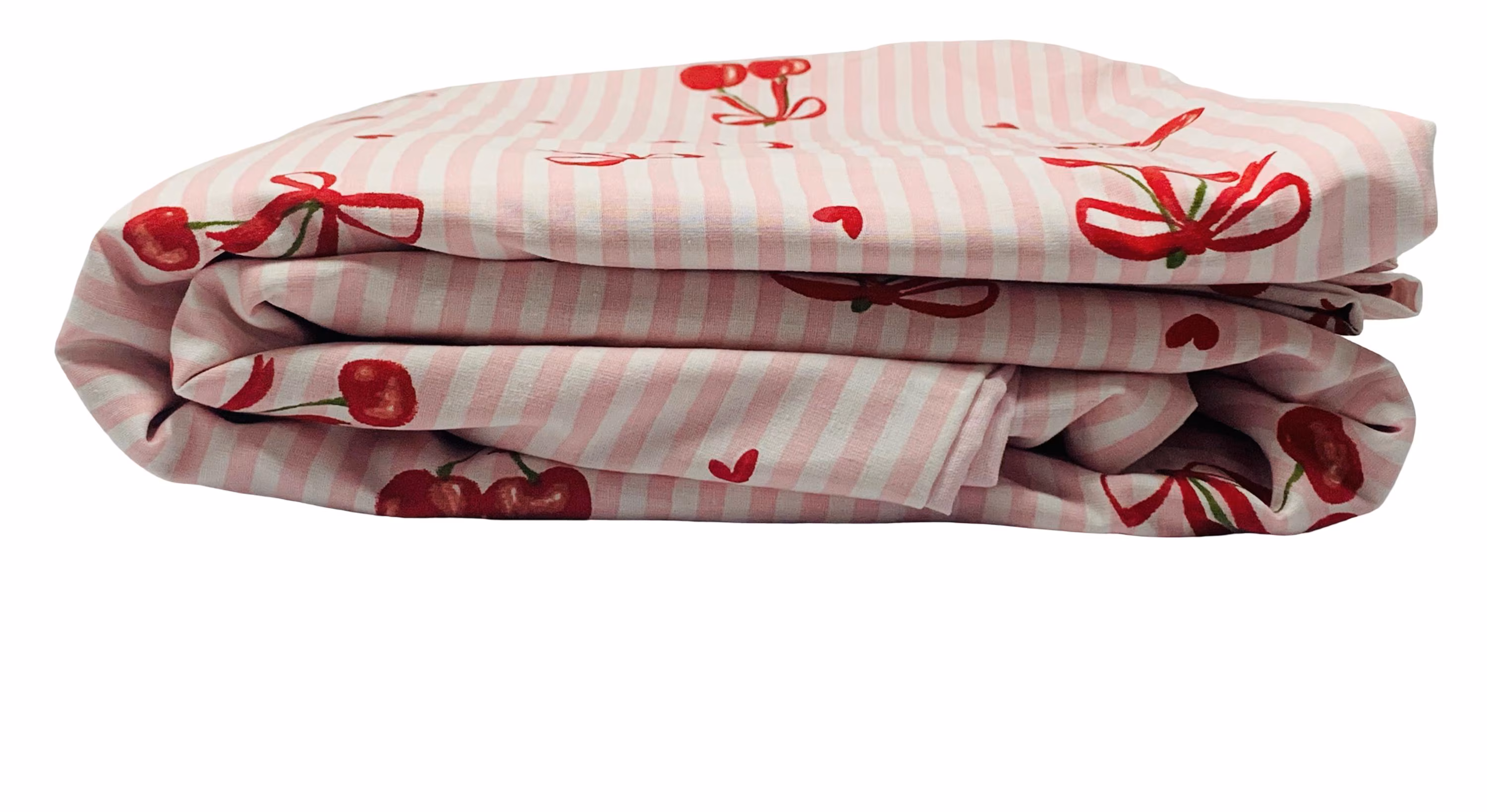 Hand-Sewn Cherry Bow Striped Duvet Cover – 100% Cotton, Reversible Pink (200x200cm)