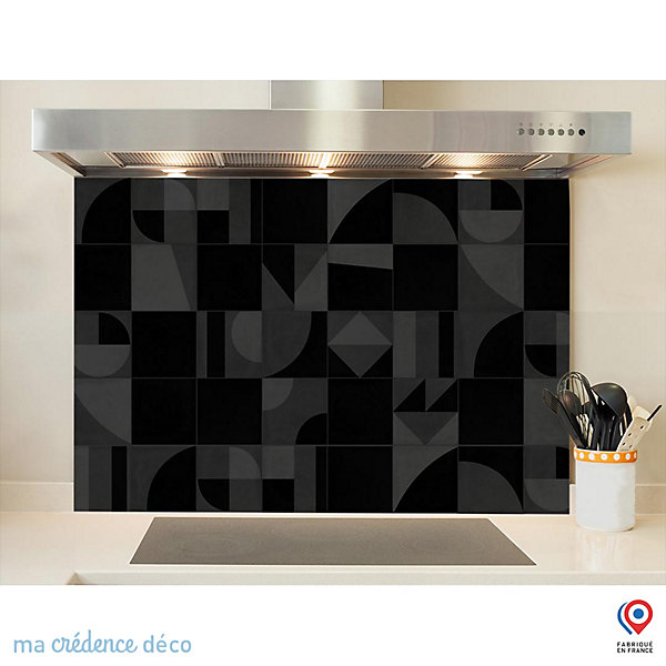 Crédence cuisine fond de hotte Carreaux ciment géométrie et couleurs 2 noir - Verre trempé - L 90 cm x H 60 cm - MaCrédenceDéco