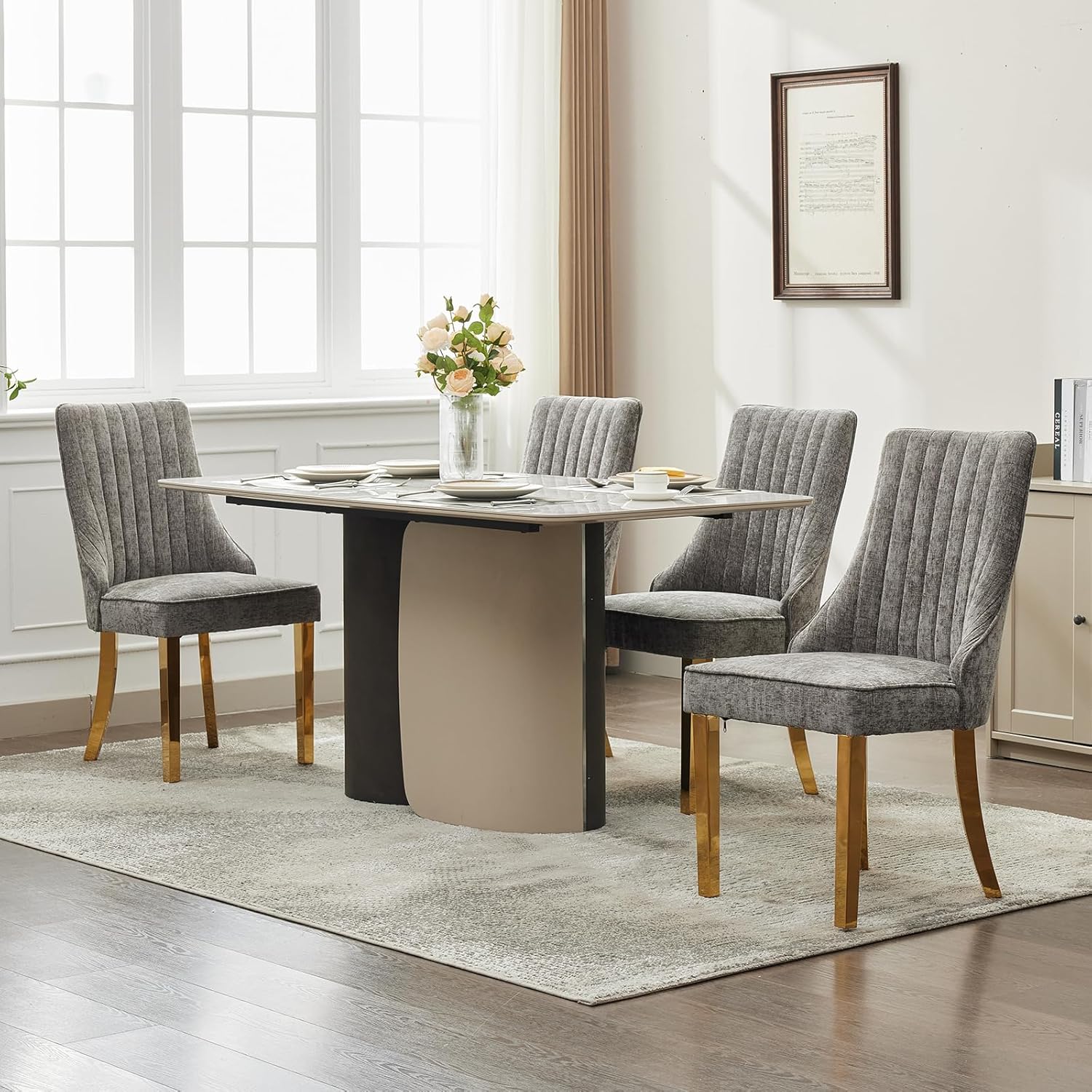 Mid Century Modern Dining Chairs Set of 4, Gray Chenille Fabric Upholstered Kitchen & Dining Room Chairs Set of 4, Kitchen Chair with Gold Legs, Sillas de Comedor (Grey, 4 Pcs)