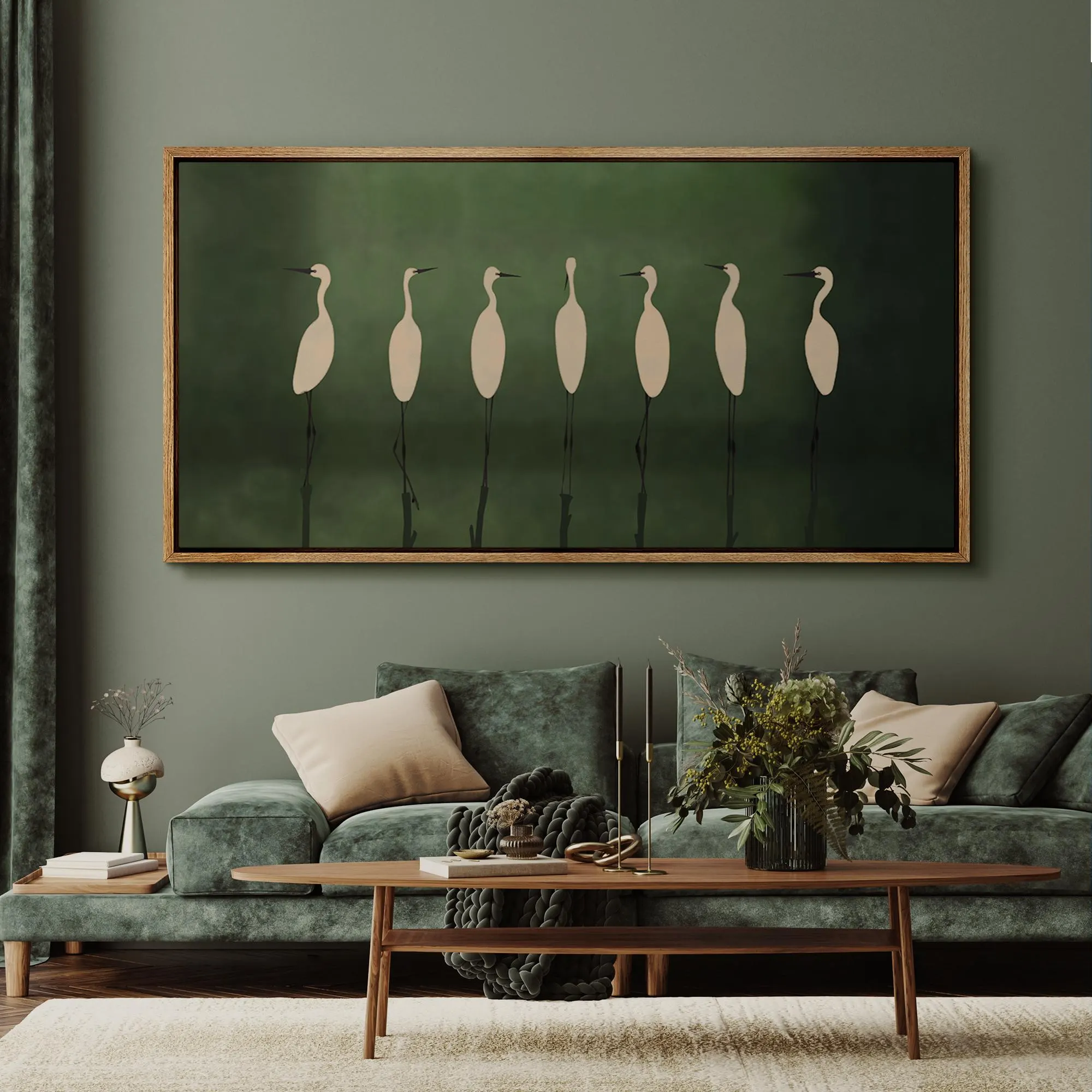 Minimalist Crane Wall Art - Large Framed Heron Canvas Print, Elegant White Birds on Deep Green, Modern Nature Decor for Living Room
