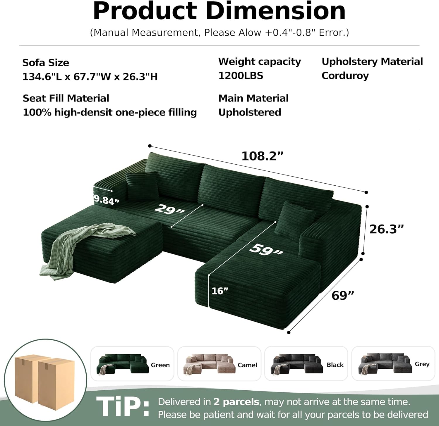108.2 Modular Sectional Sofa with Deep Seat, Boneless U Shaped Corduroy Couch Modern Comfort, Cloud Couch Oversized for Living Room No Assembly (Green)