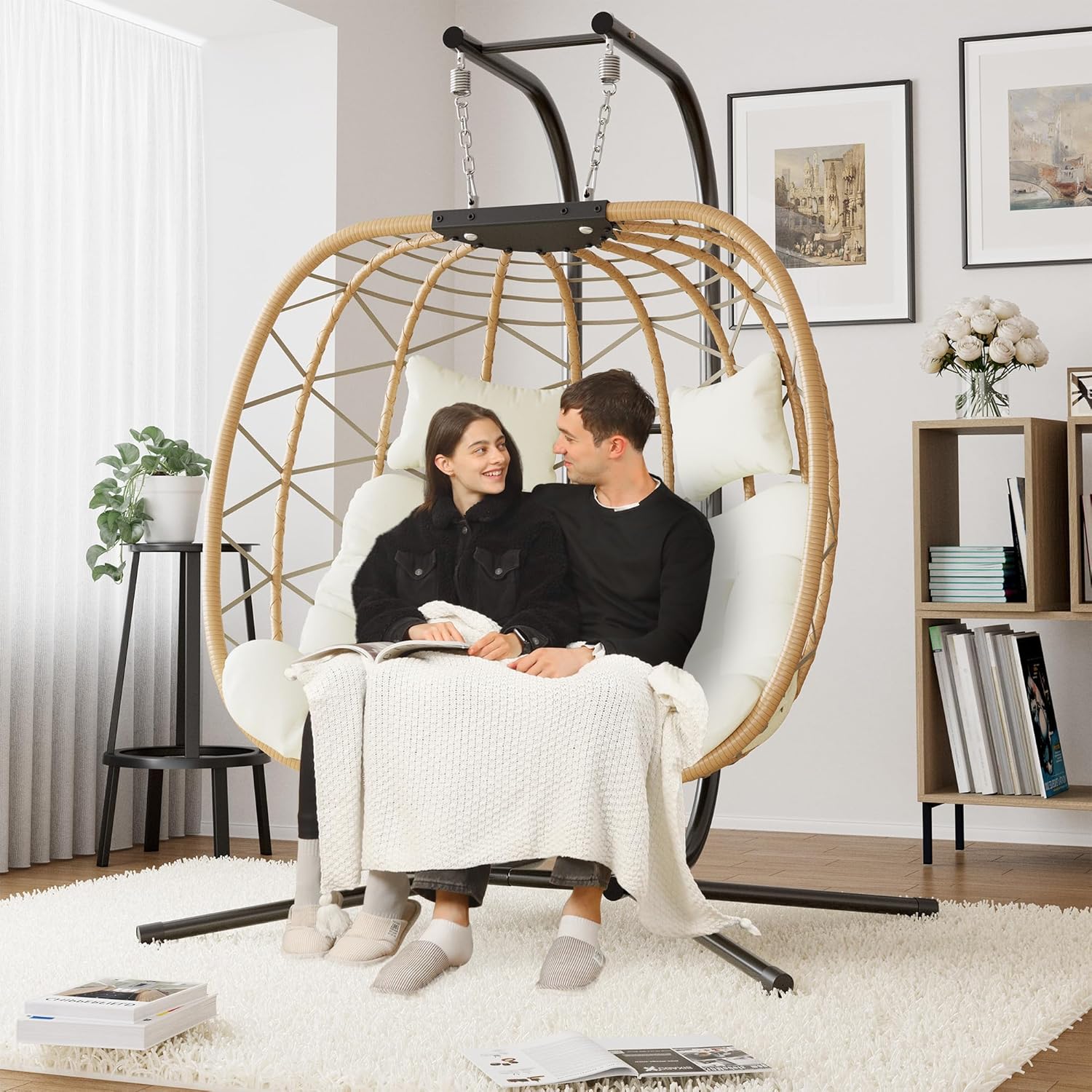DoubleTT Double Swing Egg Chair with Stand  Oversized 2 Person Indoor Outdoor Wicker Patio Basket Hanging Chair with Beige Cushion 550 LBS Capacity for Bedroom Balcony