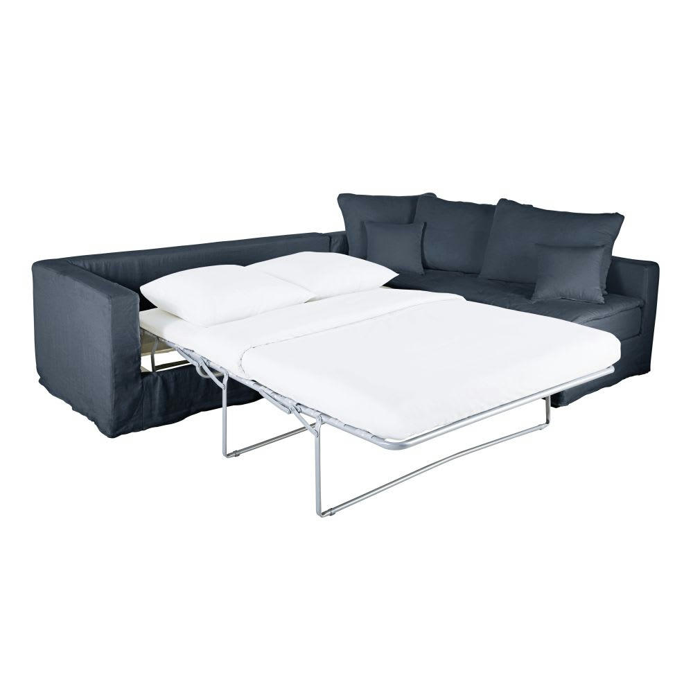 Célestin - Canapé d'angle droit convertible 5 places en lin bleu nuit