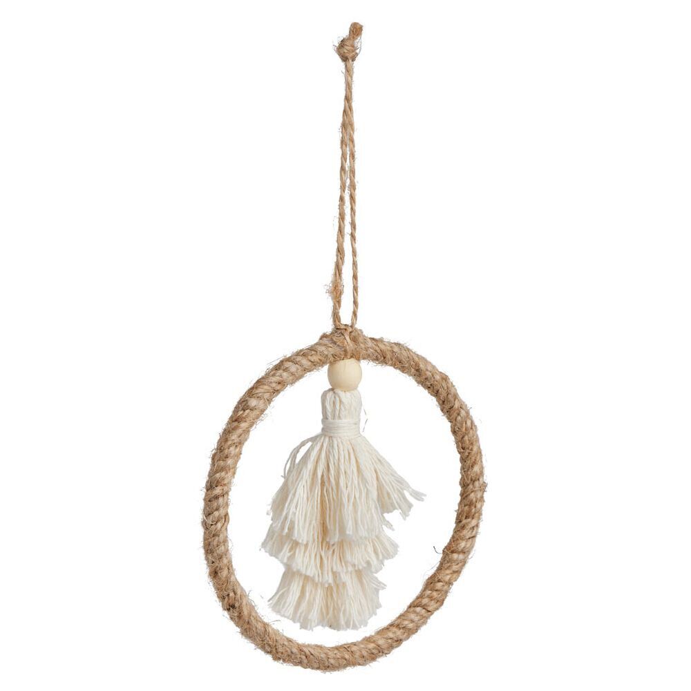 Décoration pompon dans cercle à suspendre beige Ø10cm