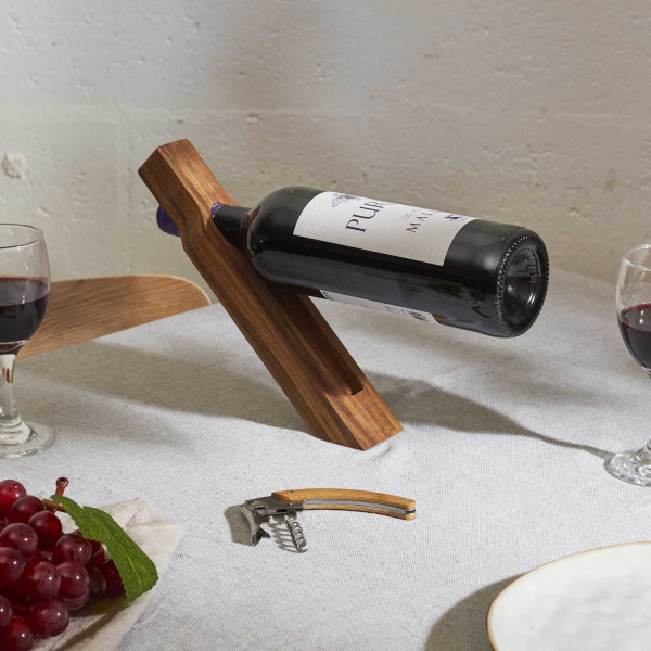 Stojak na wino z korkociągiem GRAVINO drewniany na 1 butelkę