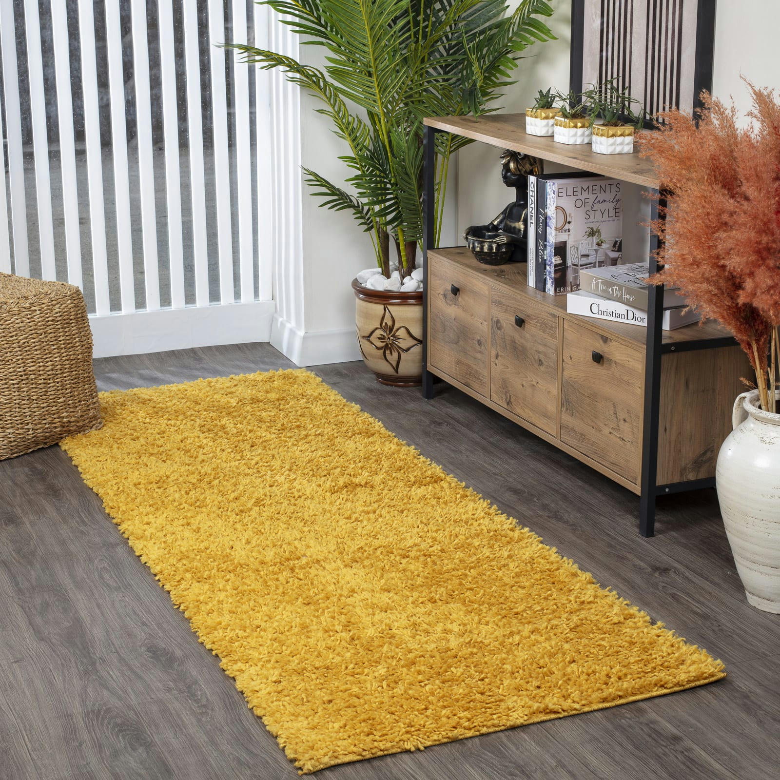 LILLY - Tapis de Couloir Shaggy Uni Chic Jaune 80x220