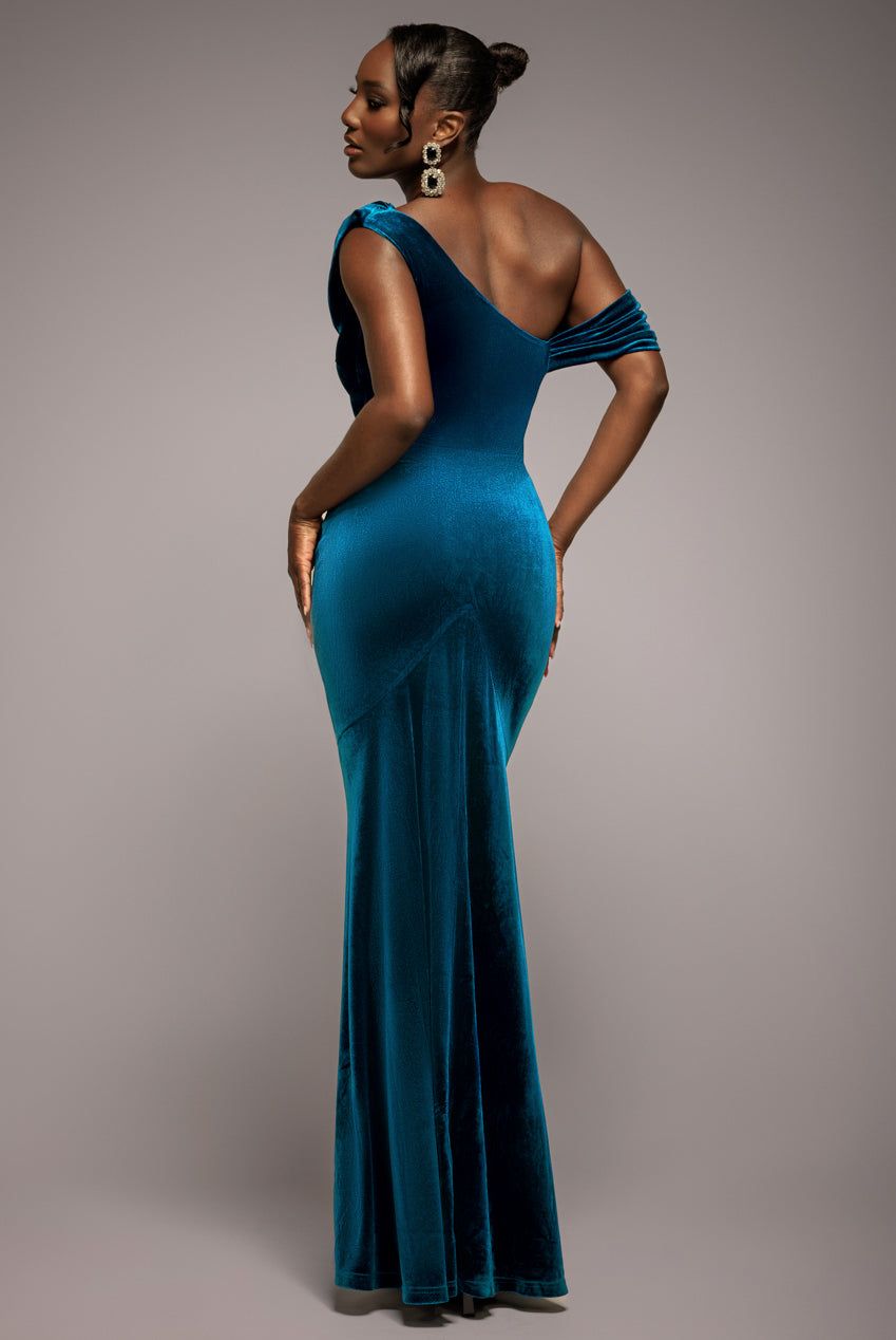 Goddiva Cowl One Shoulder Velvet Maxi Dress