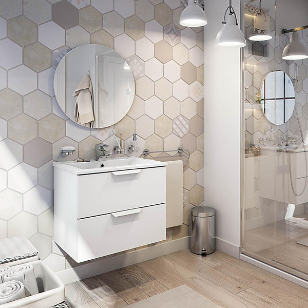 Meuble de salle de bain suspendu 60 cm avec 2 tiroirs coloris blanc sans miroir - Longueur 60 x Profondeur 45 x Hauteur 50 cm