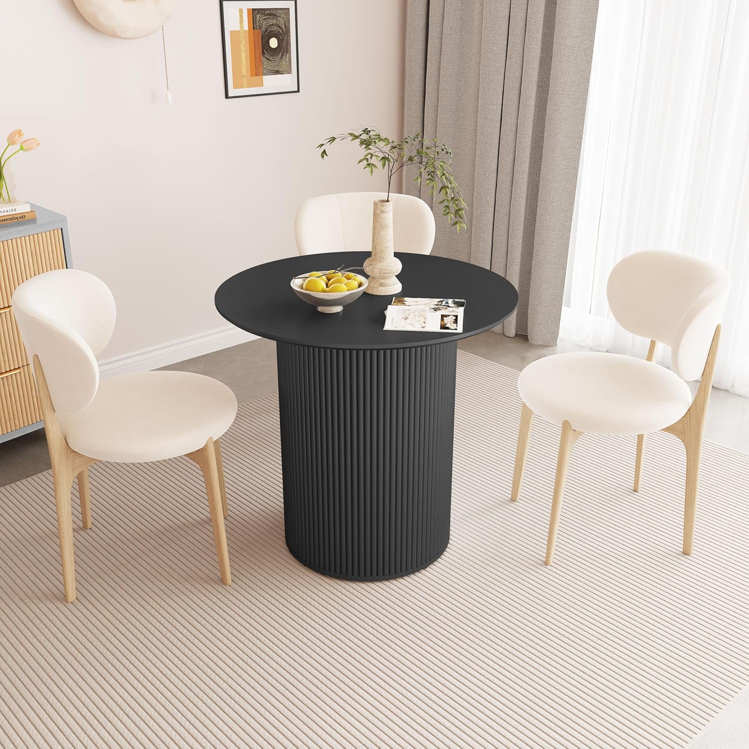 31.5 Black Round Dining Table for 2, Sturdy and Durable Round Wood Dining Table with Fluted Base, Simple Setup Small Kitchen Table for Living Dining Room Office (Black)