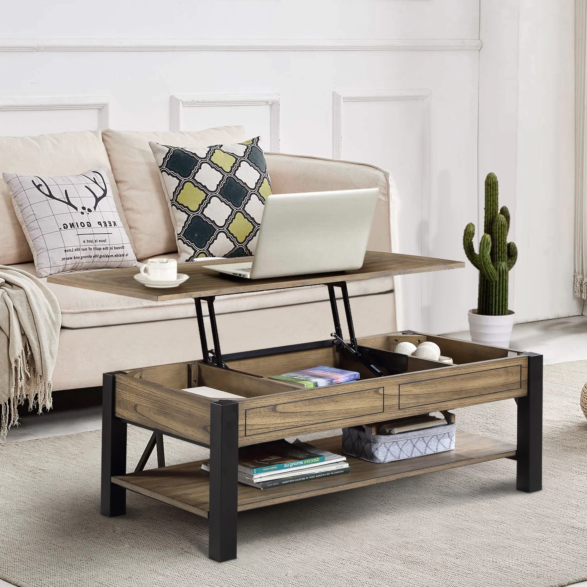 Rustic Black Lift Top Wood Coffee Table Storage Expandable Desk Living room Office
