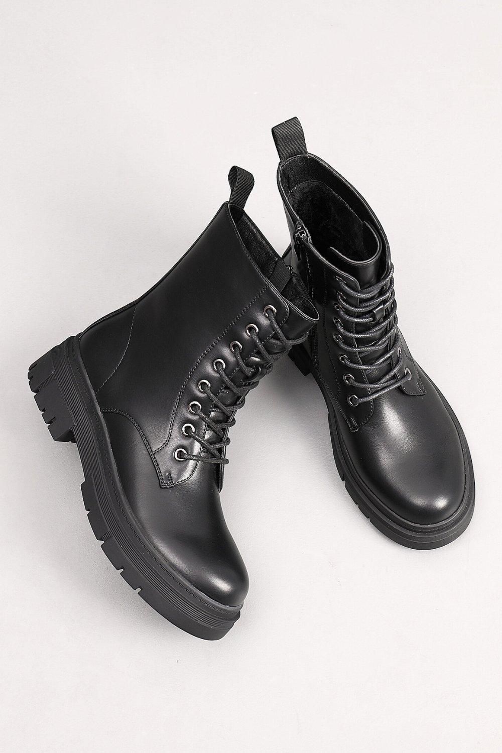 IVACHY Lace Up Black Chunky Combat Style Platform Ankle Boots with Zip Closure