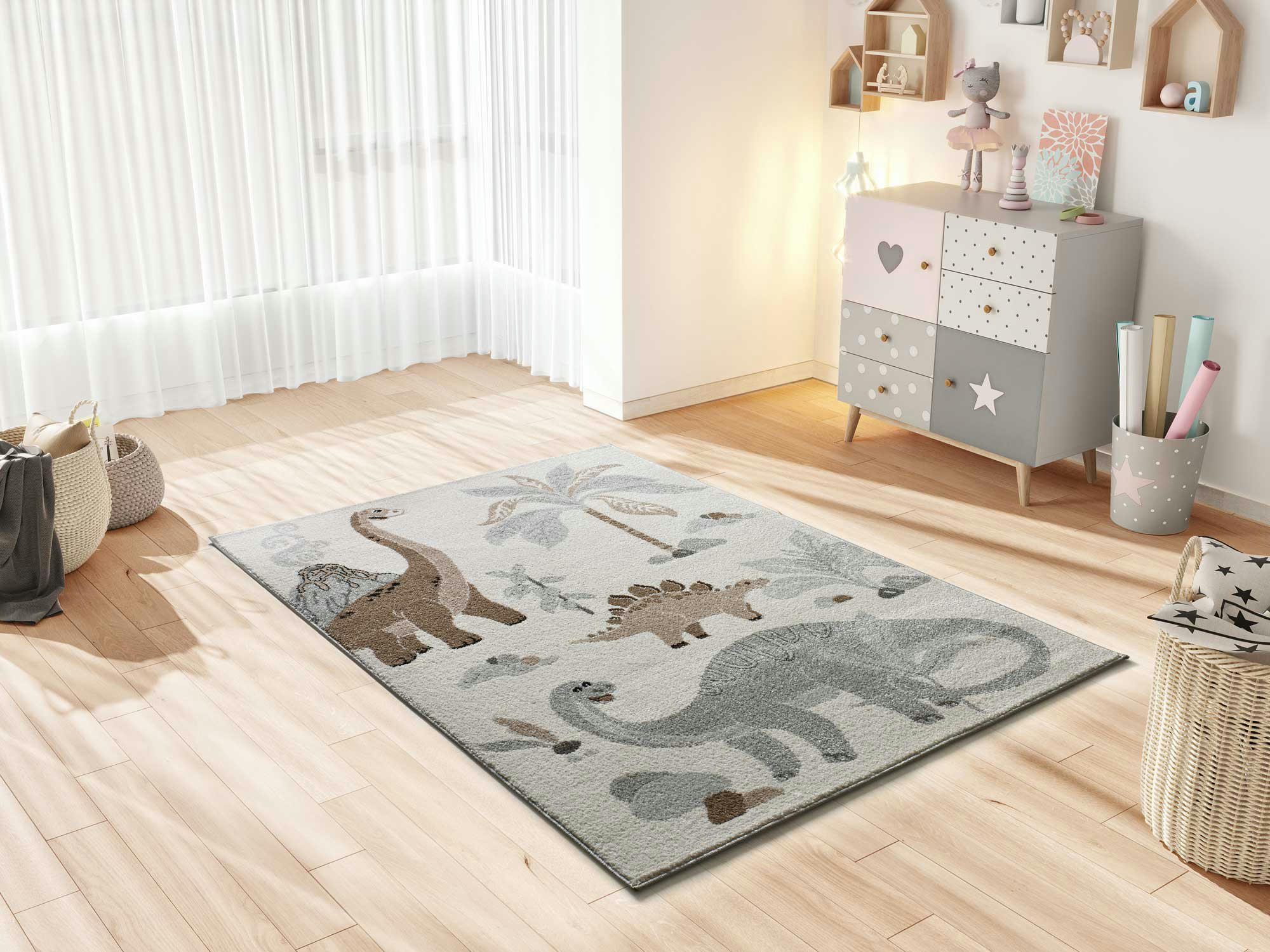 BEATS - Tapis enfants dinosaures en blanc, 120X170 cm
