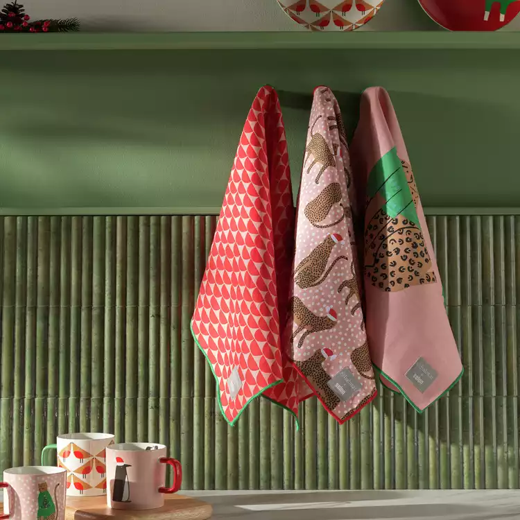 Habitat x Scion Christmas Lionel Pack of 3 Tea Towels