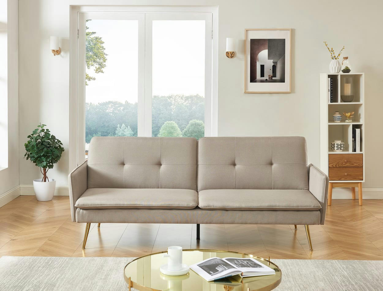 ADAM - Canapé droit convertible en tissu 3 places grège