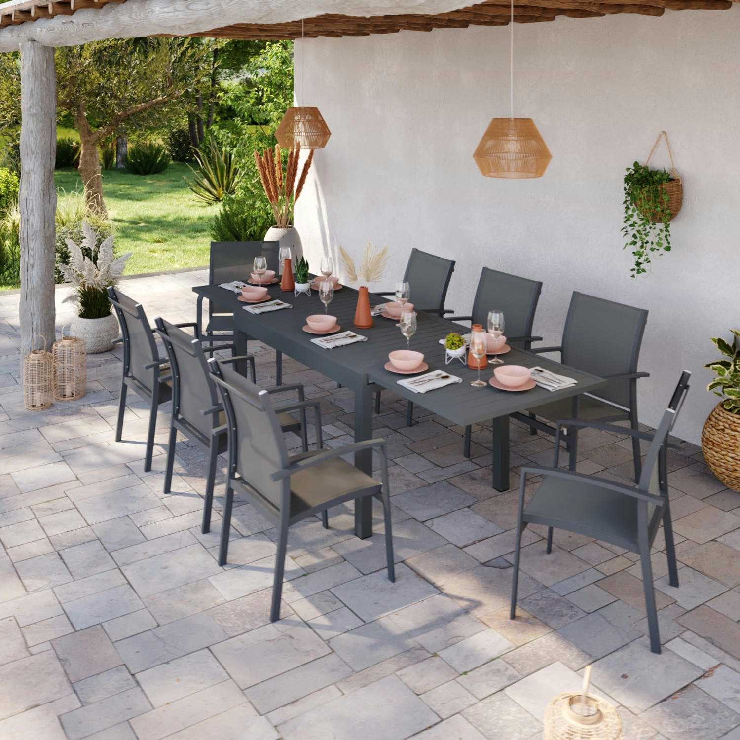 ANDRA 8 - Table de jardin 8 places en aluminium anthracite