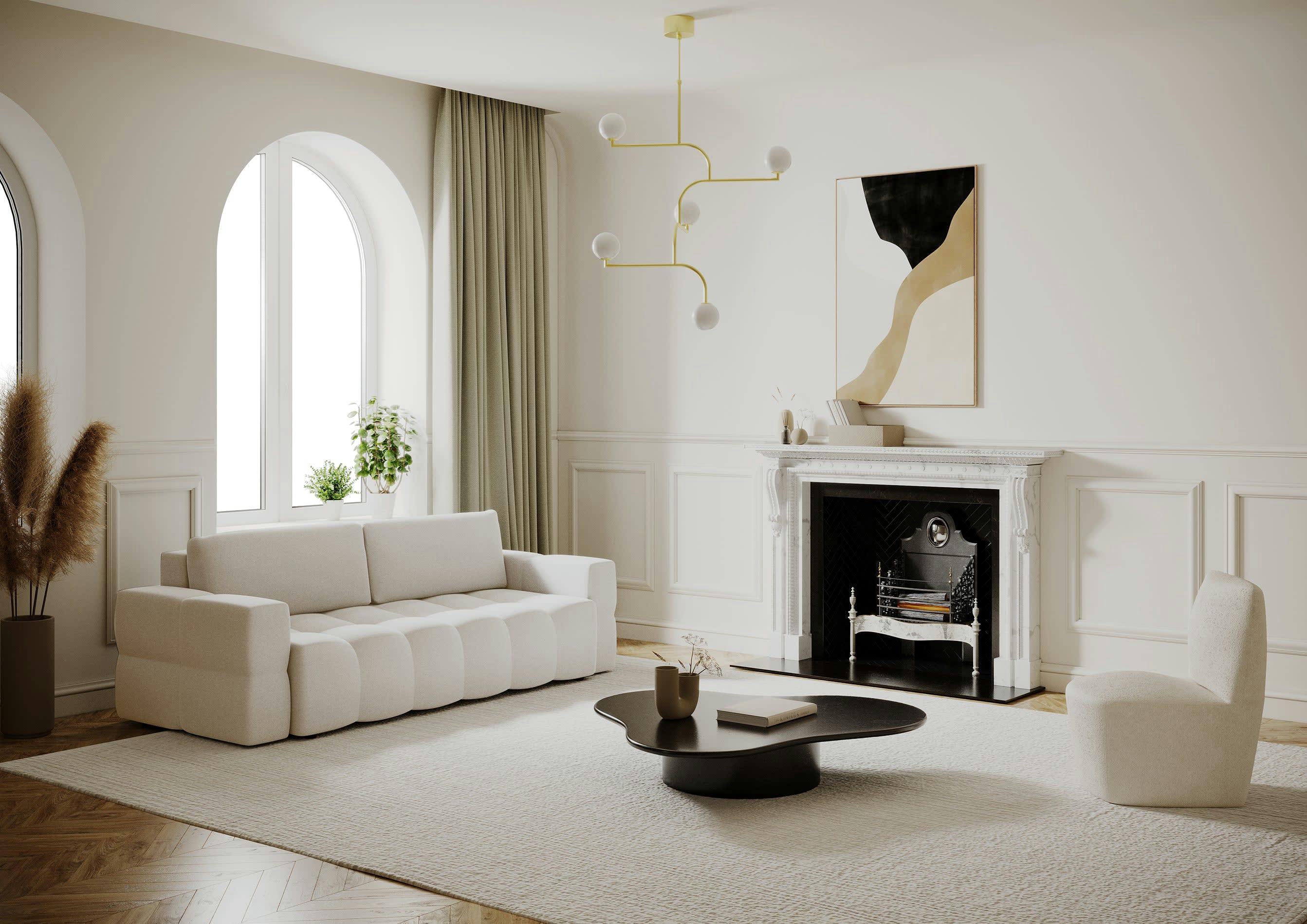 GABRIEL - Canapé 4 places convertible coffre noyer tissu tramé crème