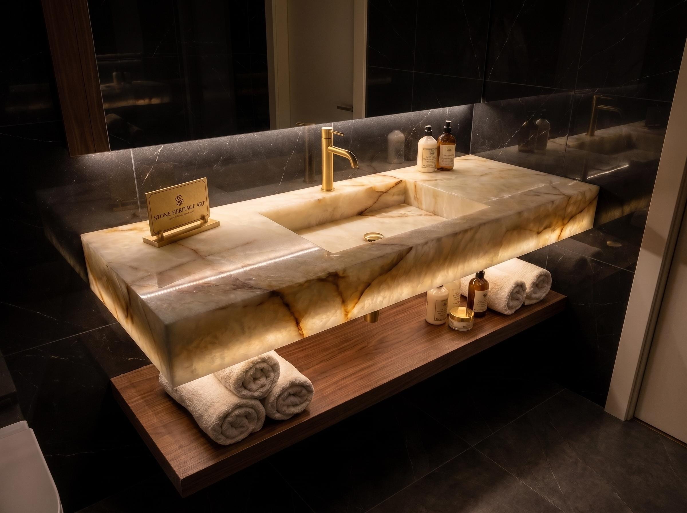 White Onyx Sink — Natural Stone Integrated Vanity Basin Bathroom