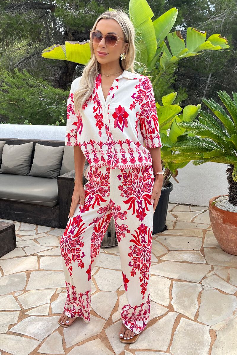 AX Paris Pink Boho Floral Print Wide Leg Trousers