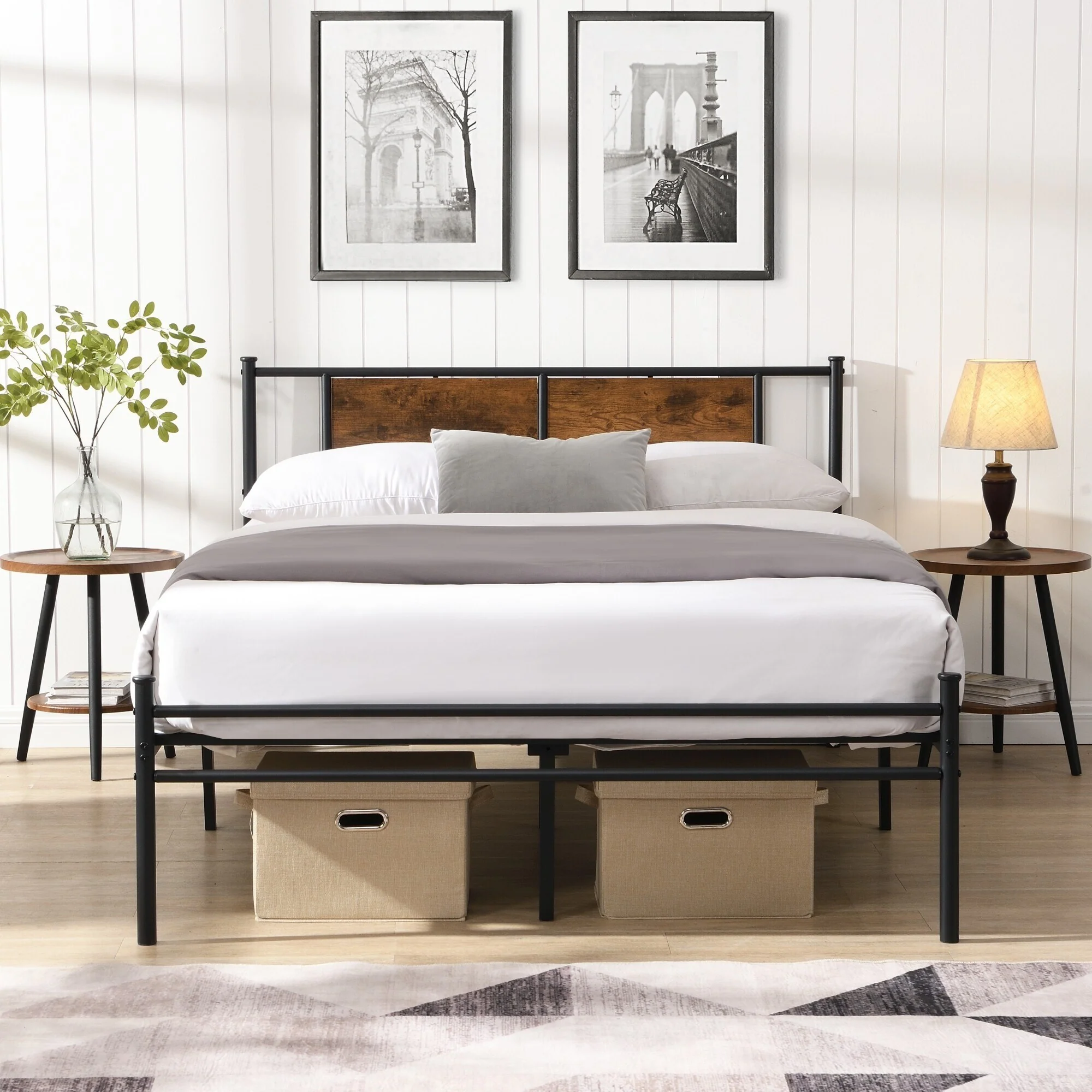 Metal Platform Bed with Wood Panel Decoration Headboard