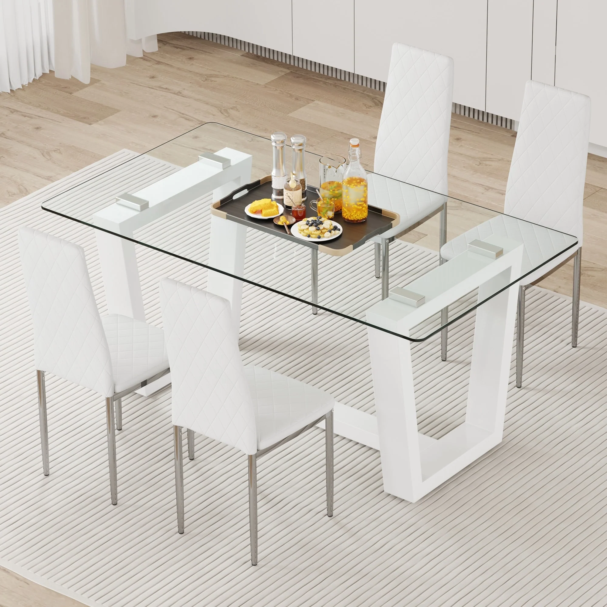 Modern Dining Table Set with Tempered Glass Top and PU Checkered Armless High Back Chairs