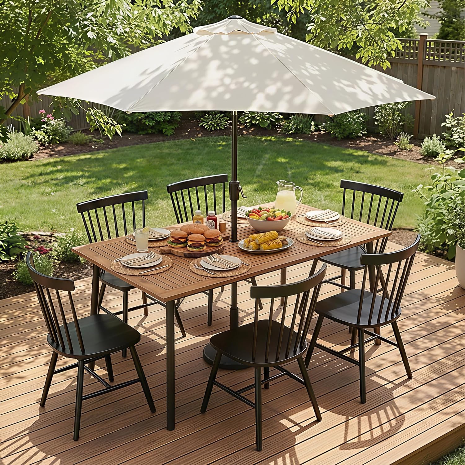 Flamaker Acacia Wood Patio Outdoor Dining Table for 6, Outdoor Table with Umbrella Hole and Metal Legs for Garden, 63’’L x 36’’ W x 30’’ H