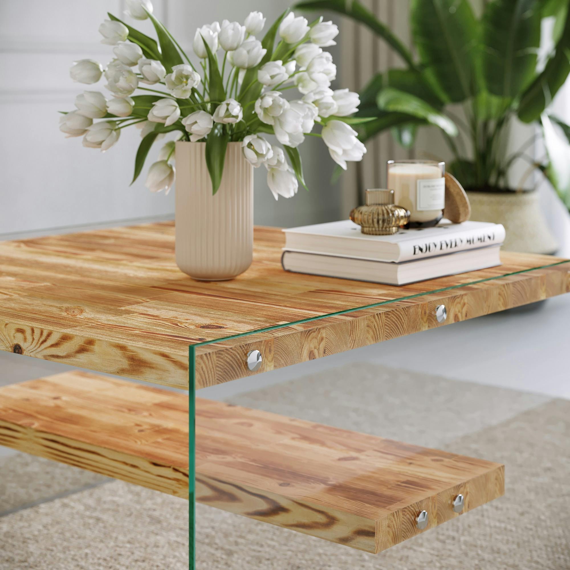Table basse verre et bois - plateaux clairs suspendus LHASA