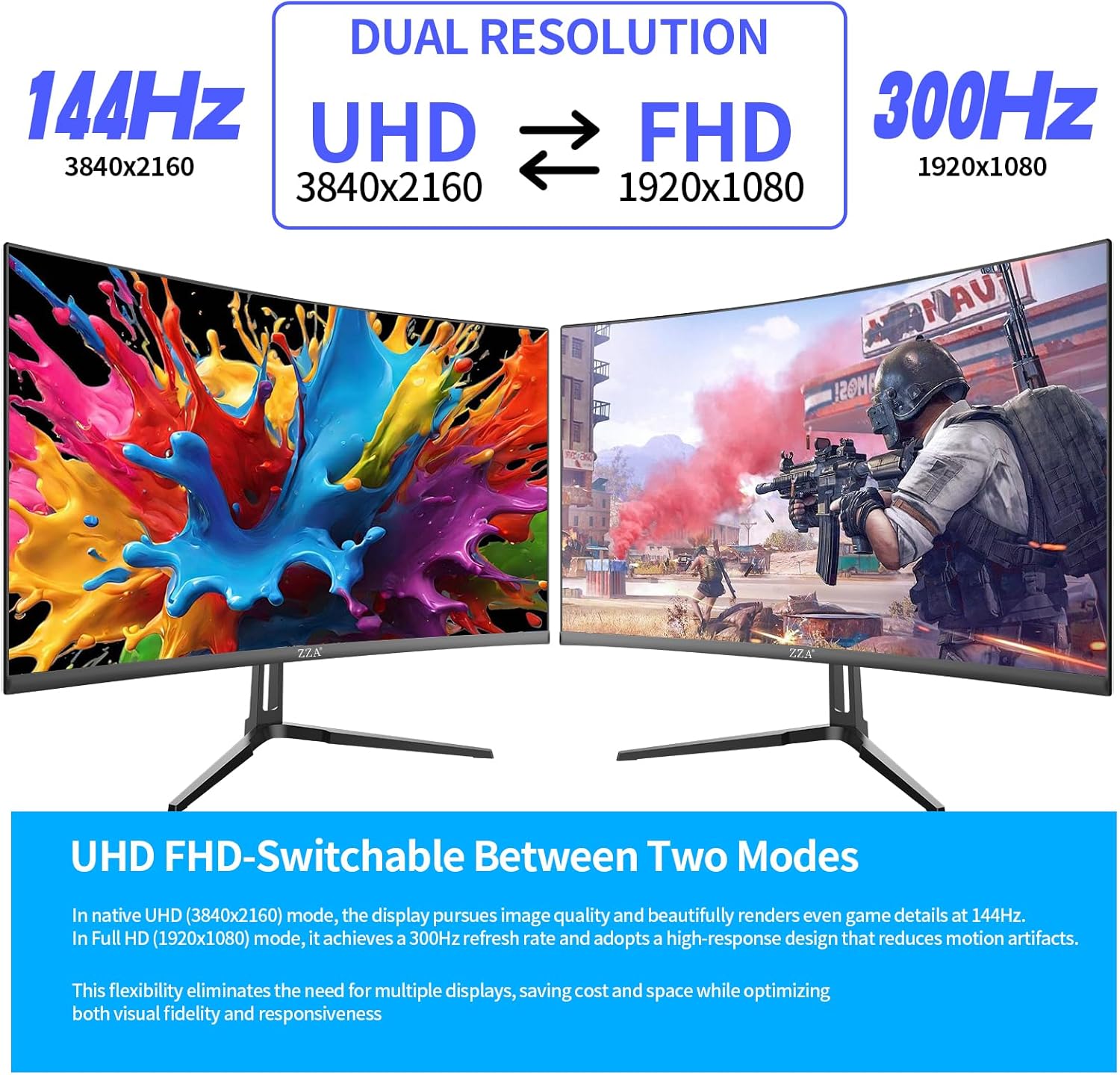 ZZA 27 Inch 4K Gaming Monitor Dual Mode UHD(3840x2160) 144Hz & FHD（1920 * 1080） 300Hz  Adaptive Sync HDMI 2.1 & DP 1.4  Tilt Adjustment PC Monitor  VESA  Black