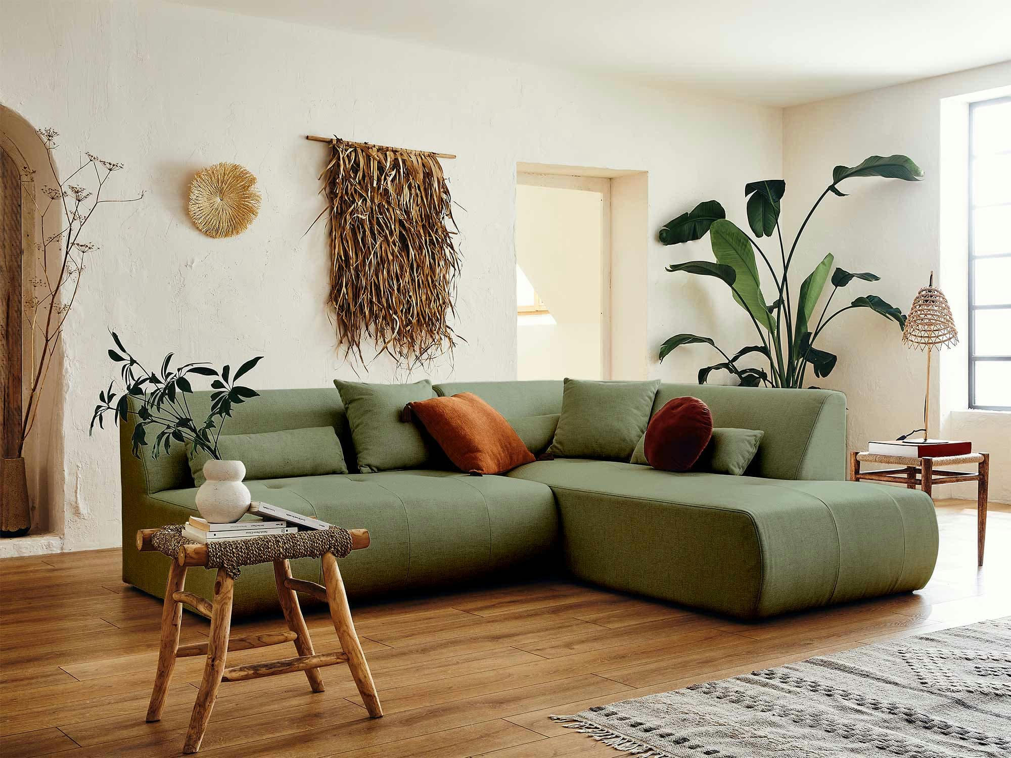 ONYX - Canapé modulable 5 places angle droit en tissu vert sauge